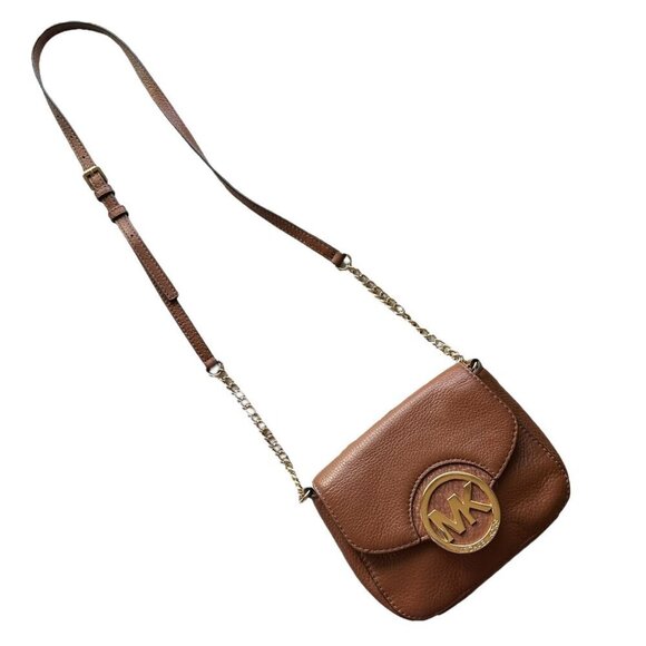 Michael Kors Fulton Small Crossbody Handbag Luggage Brown Leather Adjustable - Picture 1 of 11